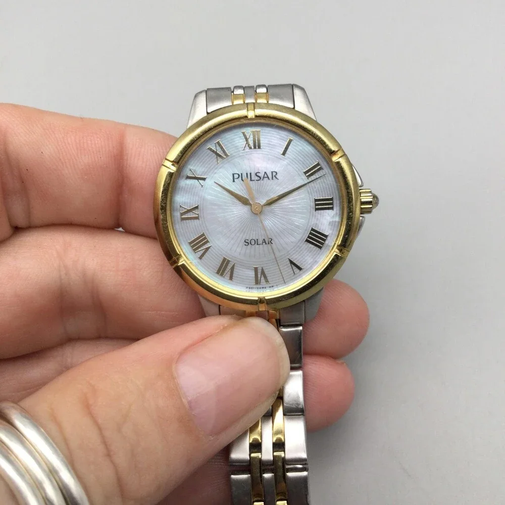 Pulsar Solar Womens Watch 31mm White Dial Two Tone Stainless Bracelet 7.25